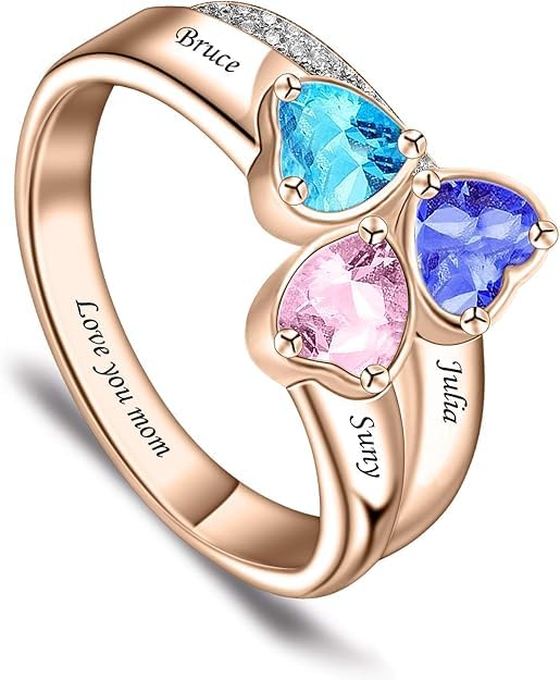 Custom Multi-Stone Family Ring 925 Sterling Silver/10K/14K/18K Gold Colored Personalized (2-8 stones) Birthstone Engraved Ring for Women Mom Wife Jewelry Gifts - style: Three Stone