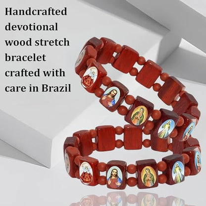 Catholica Shop Devotional Catholic Religious Wood Stretch Bracelets. Small and Large Panels with Assorted Images of Saints, Jesus and Mary. Unisex. Handcrafted in Brazil - style: Small Panel Red Tone
