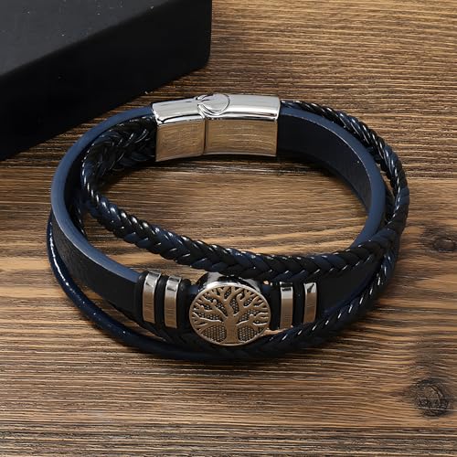 Tree of Life Leather Bracelet for Men, Multi-Layer Braided Religious Mens Cuff Bracelets with Alloy Clasp Anniversary Father's Day Birthday Christmas Jewelry Gifts for Him - color: Navy Blue