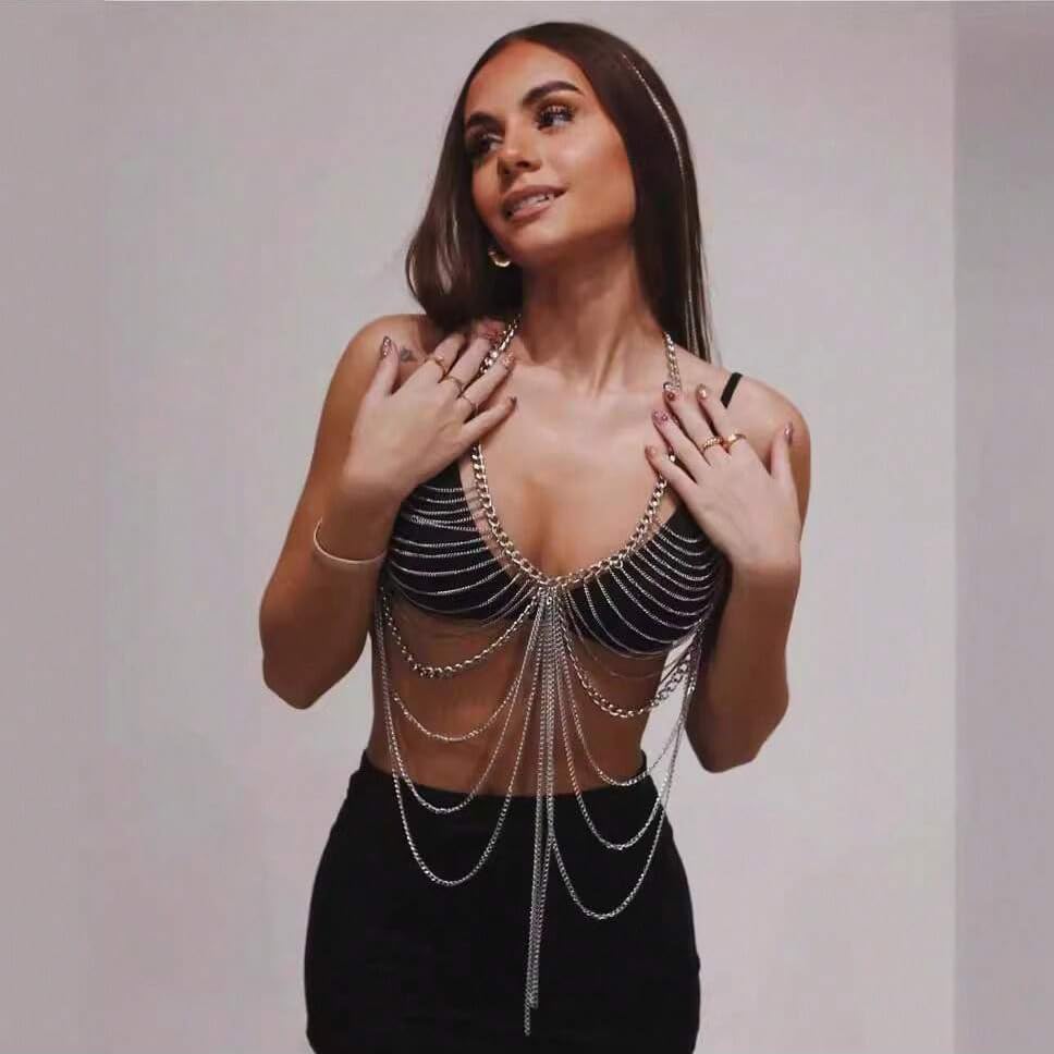 Sexy tassel body chain bra chain gold body jewelry bikini chain beach shoulder chain accessories carnival nightclub party gift (golden-3666) - style: silver-3666