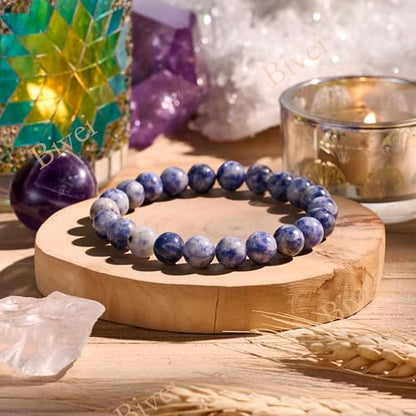 Bivei 8mm Beaded Bracelets for Women Handmade Semi Precious Natural Stone Stretch Elastic Jewelry Yoga Protection Gifts - color: Blue Spotted Jasper-Calm Flow, size: Medium 6.8-7.3 inch