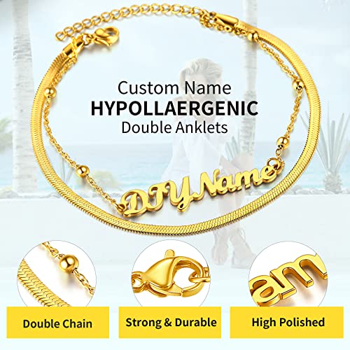 ChainsHouse Double Layer Anklet Bracelet for Women,Adjustable Chain Anklets Stackable Dainty Anklets,Stainless Steel/Gold Plated/Black Ankle Jewelry Gifts - color: B-Gold Plated-Snake Chain