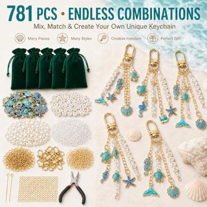 XUHAO7 781Pcs DIY Keychain Making Kit Beach Crafts Set | Seashell Starfish Pearl Letter Beads with Tools & 5 Velvet Pouches, DIY Bag Charm Kit for Women Girl - size: Ocean