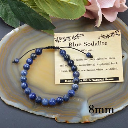 468Handmade Adjustable Natural Gemstone Crystal Bracelet Healing Power Energy Inspirational Gifts with Card for Unisex - color: 08-Blue Sodalite(Wisdom), size: 8mm