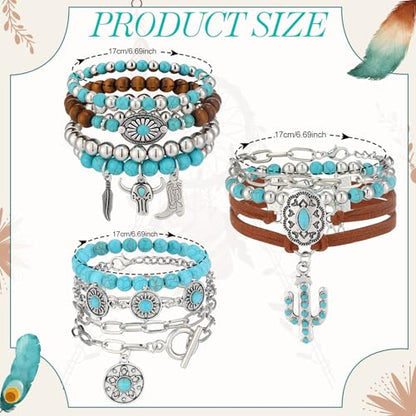 Inbagi 3 Pcs Turquoise Bracelet for Women Western Leather Jewelry for Women Silver Bohemian Beaded Stackable Bracelets Turquoise Cuff Bracelets - style: Classic