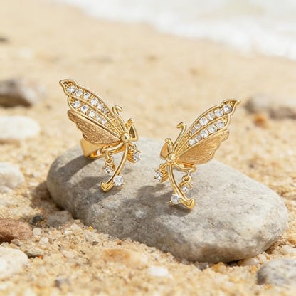 Bemoly Ear Cuff Earrings for Women 14K Gold Plated Cubic Zirconia Dangle Huggie Ear Cuffs Non Piercing | Clip On Cartilage - style: Butterfly