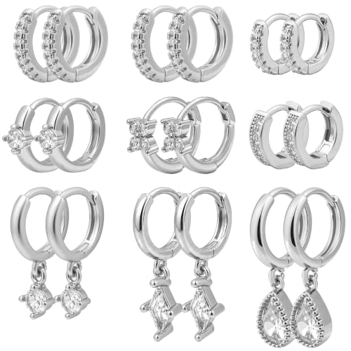 9 Pairs Gold Chunky Hoop Earrings Set for Women, 14K Gold Plated Twisted Huggie Hoop Earring Hypoallergenic, Lightweight Thick Open Hoops Earrings Jewelry Gifts. - color: D-9 Silver Hoop Earrings