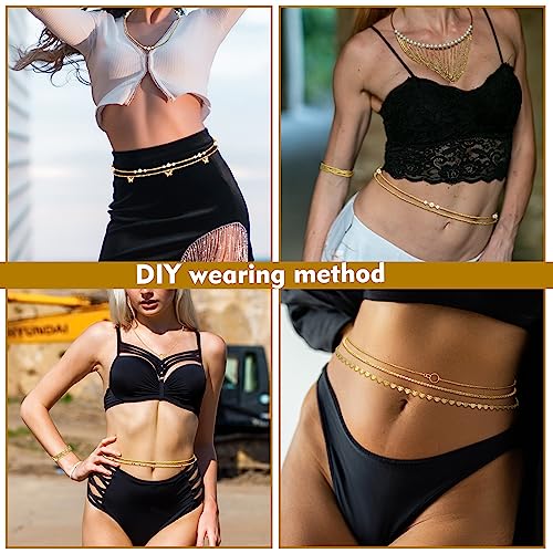 Lenwen 10 Pcs Summer Beach Belly Chain Adjustable Waist Multi Layered Chain Waist Jewelry for Women Girls Multilayer Body - color: Gold, style: Cute Style