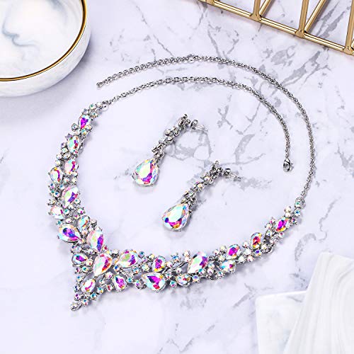 Women's Wedding Statement Necklace Dangle Earring Jewelry | Austrian Crystal Teardrop Cluster,Necklaces Earrings Set for Bride Bridesmaid,Prom Accessories - color: 16-Iridescent AB Silver-Tone