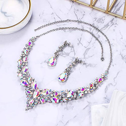 Women's Wedding Statement Necklace Dangle Earring Jewelry | Austrian Crystal Teardrop Cluster,Necklaces Earrings Set for Bride Bridesmaid,Prom Accessories - color: 16-Iridescent AB Silver-Tone