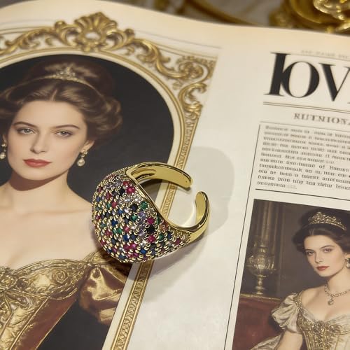 Luxury Dome Cubic Zirconia Adjustable Open Statement Ring for Women Men Gold-Tone Dainty Sparkly Crystal Colorful Rhinestone Geometry Statement Stacking Finger Band Wedding Party Fashion Jewelry - color: Colorful