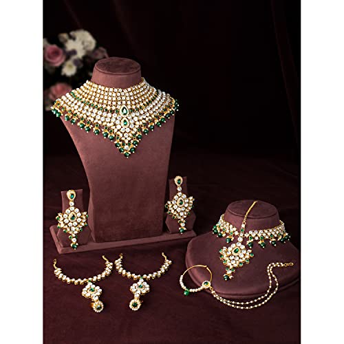 Aheli Bollywood Style Indian Bridal Choker Necklace Matha Patti Nose Ring Haath Phool Wedding Fashion Bharatanatyam jewellery set for Women - color: Green 2