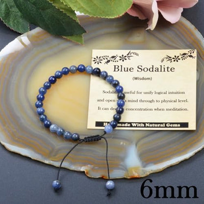 468Handmade Adjustable Natural Gemstone Crystal Bracelet Healing Power Energy Inspirational Gifts with Card for Unisex - color: 08-Blue Sodalite(Wisdom), size: 6mm
