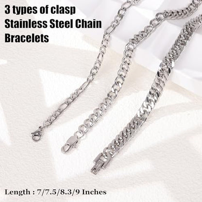 3PCS Stainless Steel Chain Bracelets for Men Women Gold Cuban Figaro Link Chain Bracelet Men's Curb Chain Bracelets Twisted Wrist Bracelets 7/7.5/8.3/9 Inches - color: Silver