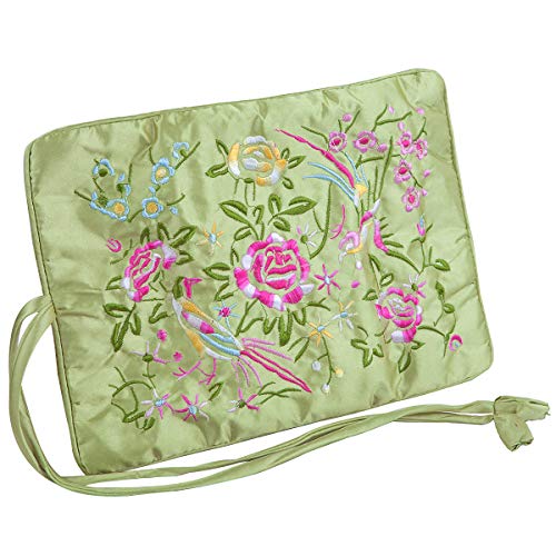 TUMBEELLUWA Embroidery Travel Jewelry Bag Roll Embroidered Flower and Bird Brocade Organizer with Tie Close - color: #1 Green
