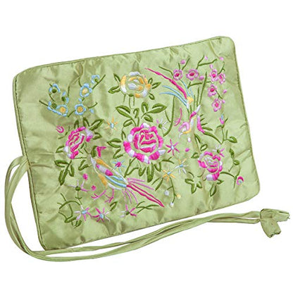 TUMBEELLUWA Embroidery Travel Jewelry Bag Roll Embroidered Flower and Bird Brocade Organizer with Tie Close - color: #1 Green