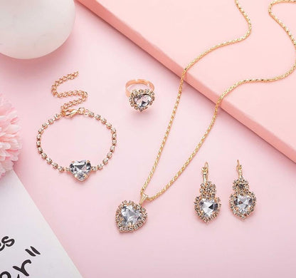 MALOYANVE 4PCS Crystal Heart Jewelry Set Glitter Gold Cubic Zirconia Love Heart Pendant Necklace Lightweight Hoop Earrings Bangle Bracelet Adjustable Open Ring Prom Wedding Jewelry for Women - color: White