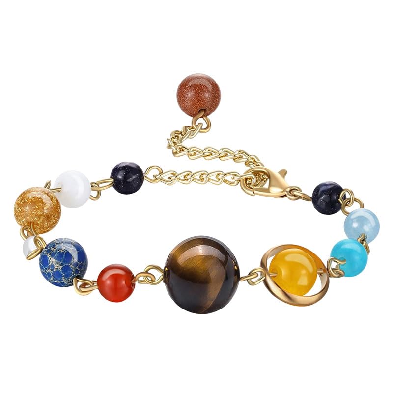 ONLYJUMP Planet Bracelet Solar System Universe Galaxy Bracelet Handmade Natural Stone Bead Bracelet String Adjustable Astronomy Gifts Bangle for Women Men - color: Planet gold