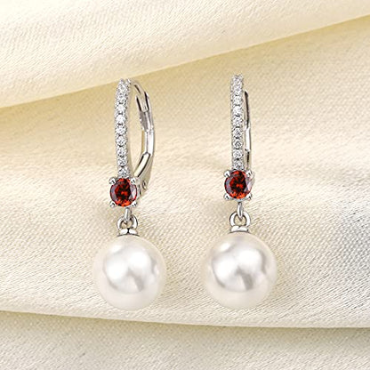 JO WISDOM 925 Sterling Silver Freshwater Pearl Hoop Earrings with Dangle Real Pearl,Simulated Pearls - color: B-8mm white pearl,garnet color