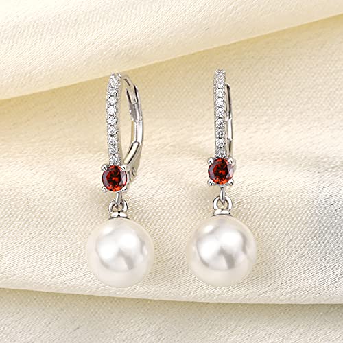JO WISDOM 925 Sterling Silver Freshwater Pearl Hoop Earrings with Dangle Real Pearl,Simulated Pearls - color: B-8mm white pearl,garnet color