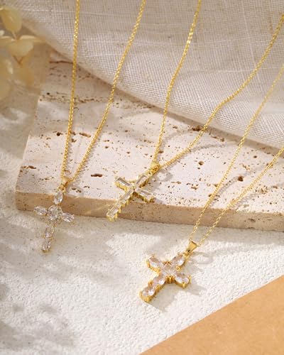 Cross Necklace for Women, 14K Gold Plated Cubic Zirconia Cross Pendant Necklace, Trendy Christian Jewelry Gifts for Baptism First Communion Christmas - color: Style D - Gold