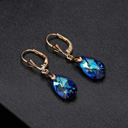 Austrian Crystal Teardrop Leverback Dangle Earrings for Women Fashion 14K Gold Plated Hypoallergenic Jewelry - color: Bermuda Blue