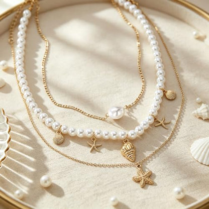 Gold Layered Necklaces for Women Chunky Stacked Necklaces for Women Trendy Retro Coin Pendant Necklace Womens Multilayer Chain Necklaces Fashion Jewelry Gifts - style: 3PCS Shell Necklace