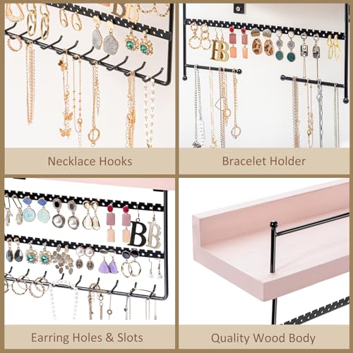 Lolalet Wall Mount Hanging Jewelry Organizer -Set of 2, Pink | Versatile Hanging Holder with Hooks for Earrings, Bracelets and Necklaces, Easy to Install on Bathroom Wall - color: Pink