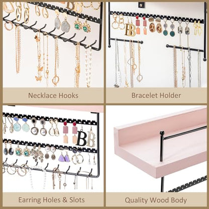 Lolalet Wall Mount Hanging Jewelry Organizer -Set of 2, Pink | Versatile Hanging Holder with Hooks for Earrings, Bracelets and Necklaces, Easy to Install on Bathroom Wall - color: Pink