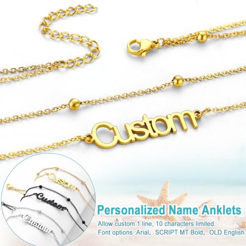 U7 Custom Layered Ankle Bracelets for Women Stainless Steel Bead/Cuban/Figaro/Rope/Wheat Chain Anklet Waterproof Anklet Jewelry for Beach Vacation - color: a-Gold Plated-Bead Chain