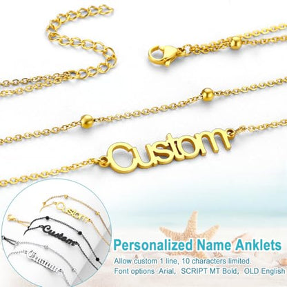 U7 Custom Layered Ankle Bracelets for Women Stainless Steel Bead/Cuban/Figaro/Rope/Wheat Chain Anklet Waterproof Anklet Jewelry for Beach Vacation - color: a-Gold Plated-Bead Chain