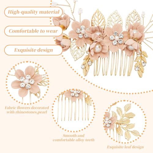6 Pcs Bridal Hair Accessories French Hair Side Combs and Hair Pins,Gold Wedding Jewelry Headpiece with Rhinestone for Brides Bridesmaids Women Girls(Pink Flower） - color: Pink