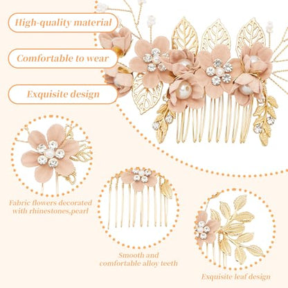 6 Pcs Bridal Hair Accessories French Hair Side Combs and Hair Pins,Gold Wedding Jewelry Headpiece with Rhinestone for Brides Bridesmaids Women Girls(Pink Flower） - color: Pink