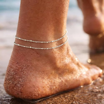 PICNHUAN Gold/Silver Ankle Bracelets for Women 14K Gold Plated Women's Anklets Silver Cuban Chain Anklet Waterproof Stainless Steel Anklet Summer Beach Foot Chain Jewelry Gifts for Women - color: Silver/Two-layer
