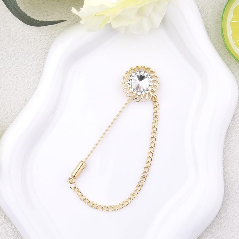 Mens Sunflower Lapel Pin Crystal Rhinestone Brooches for Men Hanging Chain Brooch Suit Pin Flower Lapel Pins for Men Wedding Business Party - color: White