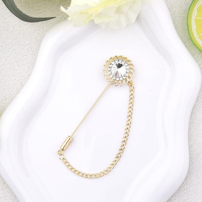 Mens Sunflower Lapel Pin Crystal Rhinestone Brooches for Men Hanging Chain Brooch Suit Pin Flower Lapel Pins for Men Wedding Business Party - color: White