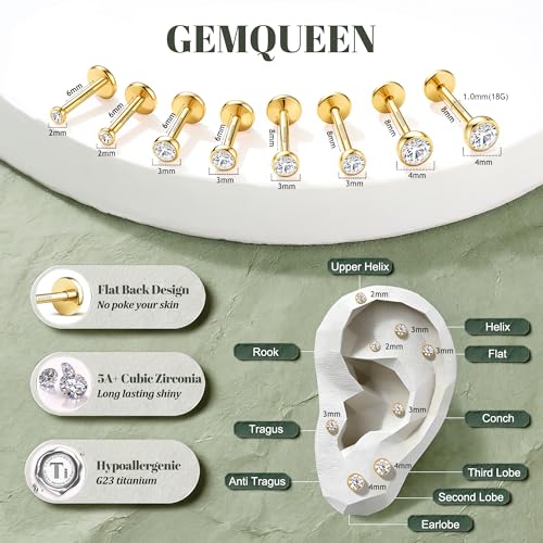 GEMQUEEN 4 Pairs 16G/18G/20G G23 Titanium Implant Grade Nose Studs Threadless Flat Back Earrings Hypoallergenic Flatback 5A CZ Cartilage Helix Tragus Conch Tiny Lip Piercing Jewelry for Women Men - color: Gold-18G(1.0MM)-Bar-6/8MM&CZ-2/3/4MM