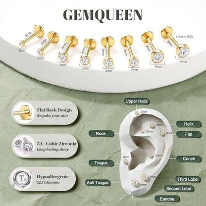 GEMQUEEN 4 Pairs 16G/18G/20G G23 Titanium Implant Grade Nose Studs Threadless Flat Back Earrings Hypoallergenic Flatback 5A CZ Cartilage Helix Tragus Conch Tiny Lip Piercing Jewelry for Women Men - color: Gold-18G(1.0MM)-Bar-6/8MM&CZ-2/3/4MM
