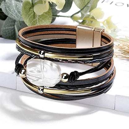 Fesciory Leather Wrap Bracelet for Women, Boho Western Layered Cuff Jewelry | Stackable Bracelets, Easy-On Clasp, Daily Wear, Pairs with Boho Western Outfits, Gift for Women - color: Black16