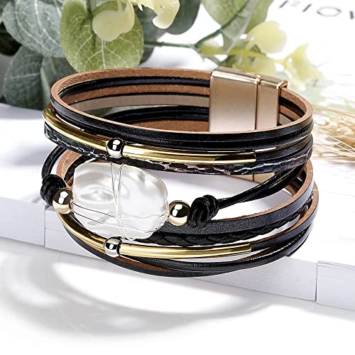 Fesciory Leather Wrap Bracelet for Women, Boho Western Layered Cuff Jewelry | Stackable Bracelets, Easy-On Clasp, Daily Wear, Pairs with Boho Western Outfits, Gift for Women - color: Black16