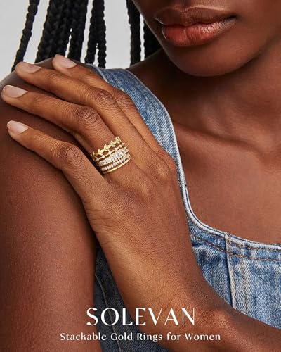 Stackable Gold Rings for Women Non Tarnish Chunky 14K Gold Plated Stacking Cubic Zirconia Engagement Thumb Ring Set Stack Pack Statement Wedding Band Rings Promise Rings Gold Jewelry - color: D-5Pcs Engagement Rings