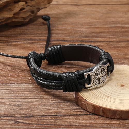 2 Pack Braided Leather Cross Bracelet for Men, Handmade Adjustable Wristband - color: Black