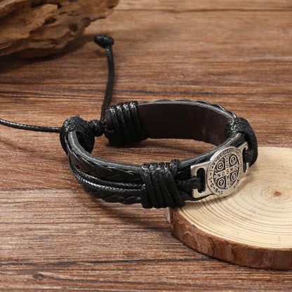 2 Pack Braided Leather Cross Bracelet for Men, Handmade Adjustable Wristband - color: Black