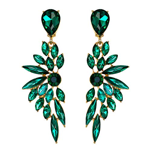 Women's Wedding Bridal Earrings Prom Dangle Earring | Shiny Crystal Teardrop Multi Marquise Cluster for Bride Bridesmaid Bling Jewelry Costume Party Accessories - color: 01-Emerald Color Gold-Tone