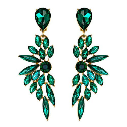 Women's Wedding Bridal Earrings Prom Dangle Earring | Shiny Crystal Teardrop Multi Marquise Cluster for Bride Bridesmaid Bling Jewelry Costume Party Accessories - color: 01-Emerald Color Gold-Tone