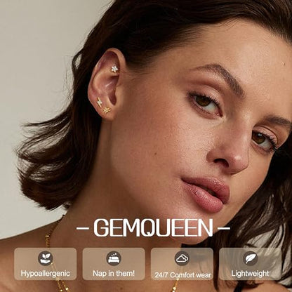 3 Pcs G23 Implant Grade Titanium Flat Back Earrings for Women Men | Hypoallergenic Internally Threaded 5A CZ Gold Flatback Stud, Tragus, Cartilage, Conch Piercing Jewelry for Sensitive Ears 18G - color: Gold 1