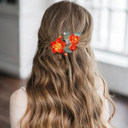 Wedding Hair Clips, Crystal Hair Pins Pearl Rhinestone Hair Barrettes, Bridal Flower Hair Pieces Pearl Headpieces Hair Accessories for Women Girls (Red) - color: Red