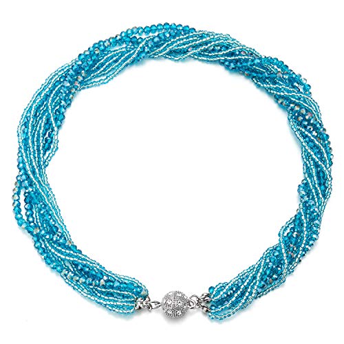 COOLSTEELANDBEYOND Multi-Layer Beads Crystal Braided Chain Choker Collar Magnetic Clasp,Statement Necklace, Bracelet - color: M1-Necklace Teal Blue Color