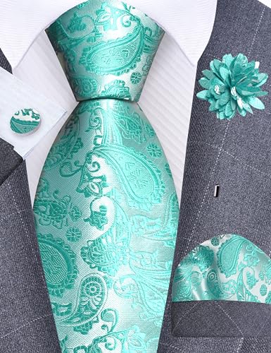 GUSLESON 3.15"（8cm） Mens Paisley Tie and Lapel Pin Necktie Hankerchief Cufflinks Set for Men - color: Aqua