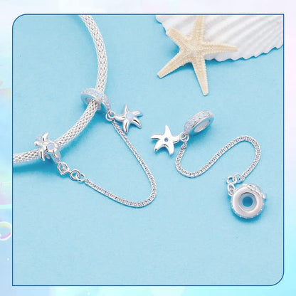 Heart Charm Clip Lock Spacer Stopper Charm Bead Bracelet 925 Sterling Silver Charms Safety Chain for Pandora Bracelets - color: Starfish Turtle